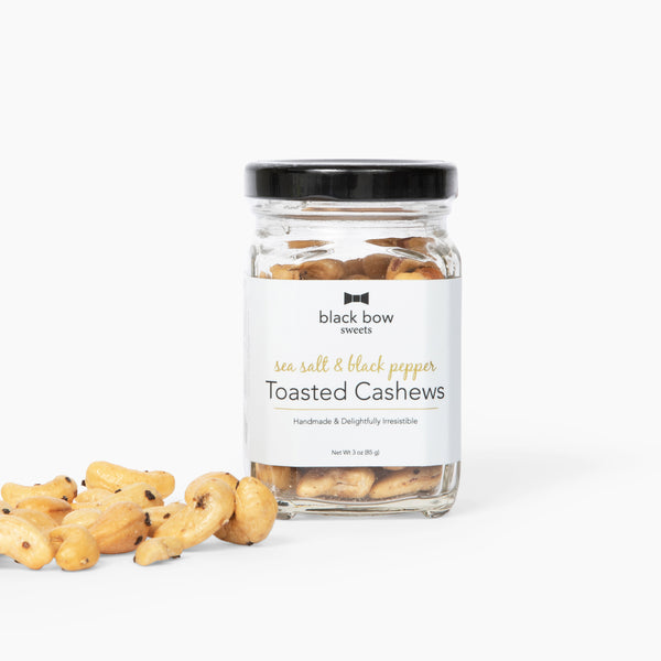 A jar of Black Bow Sweets sea salt and cracked black pepper toasted cashews.