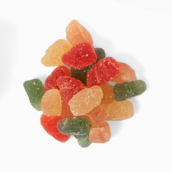 A small pile of Black Bow Sweets sour fruit mix gummy bears.
