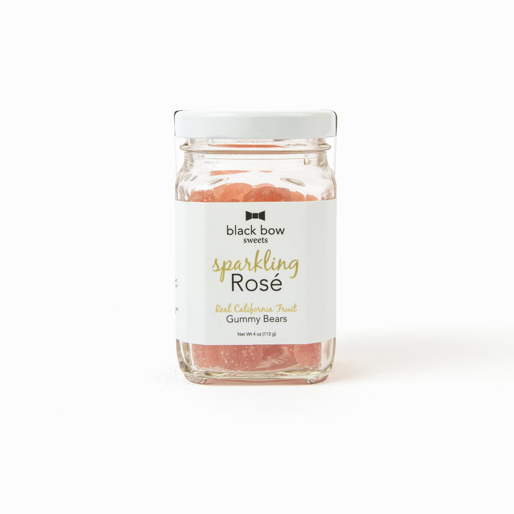 A jar of Black Bow Sweets sparkling rosé gummy bears.