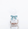 A bag of Black Bow Sweets candied California cinnamon and sugar coated pecans tied with a light blue bow.