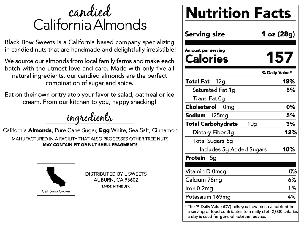 Label of Black Bow Sweets’ candied California cinnamon and sugar almonds with ingredients and nutrition facts.