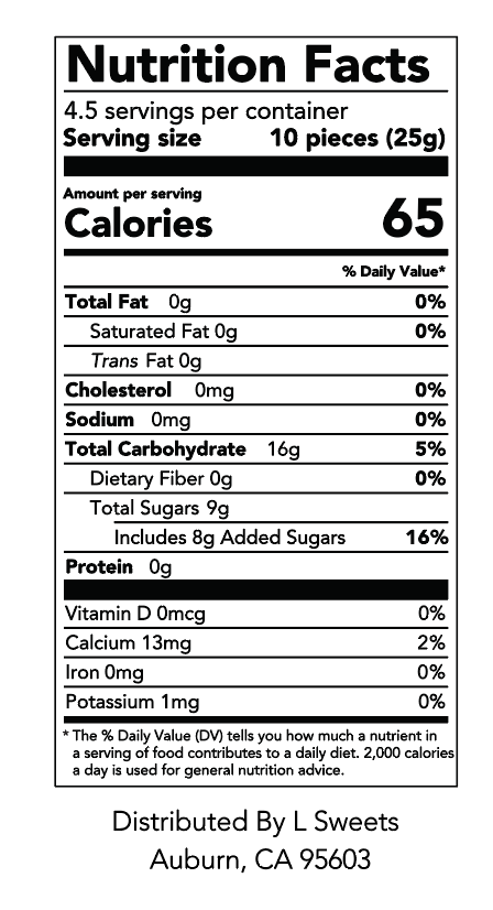 Label of Black Bow Sweets sour fruit mix gummy bears with nutrition facts.
