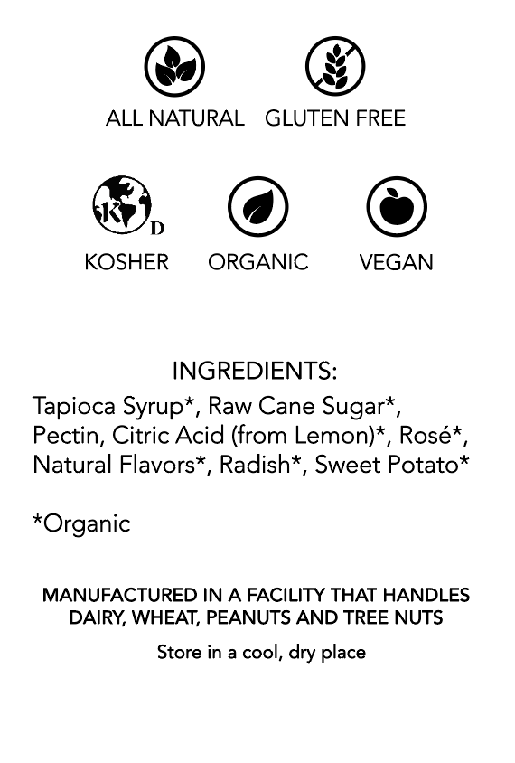 Label of Black Bow Sweets sparkling rosé gummy bears with ingredients. All natural, gluten free, kosher, organic, and vegan. 