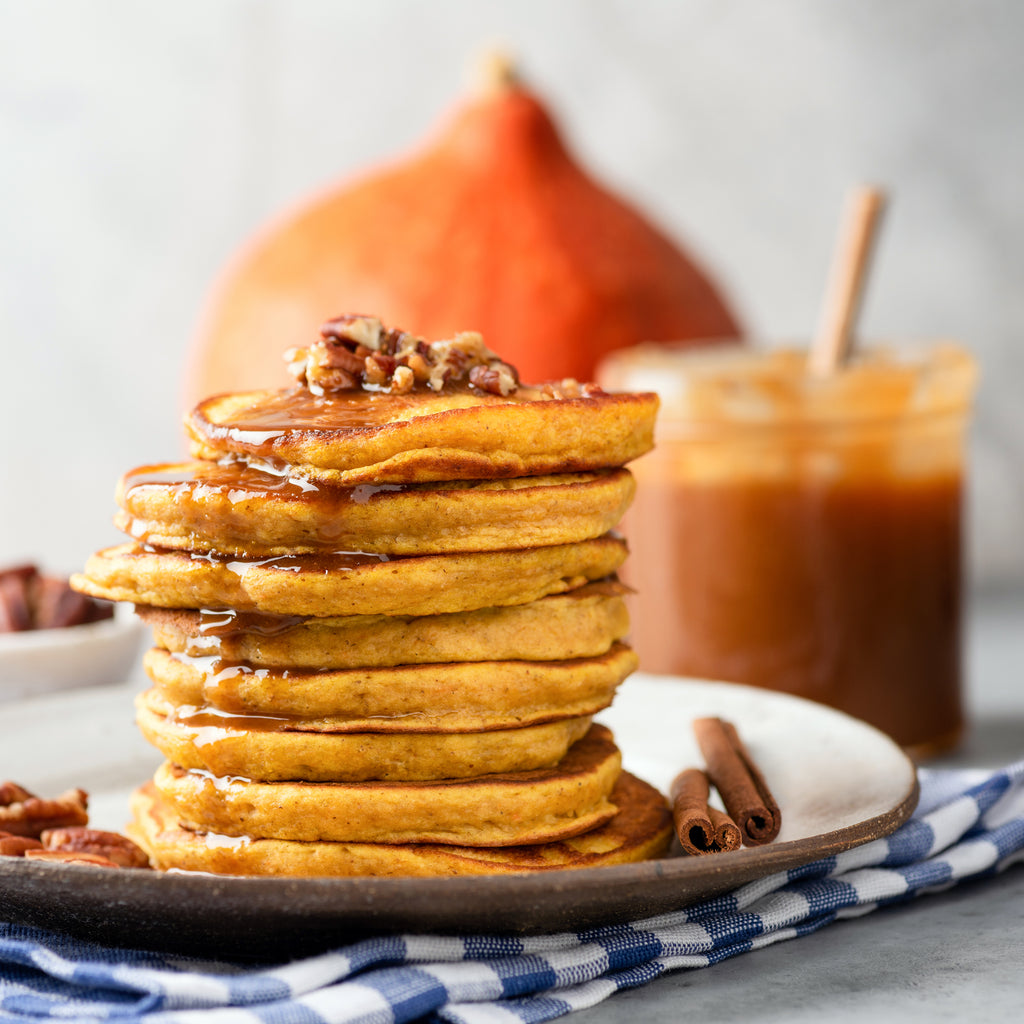 Pumpkin Spice Pancakes Topped with Candied Pecans