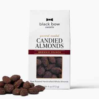 Box of Black Bow Sweets Candied Almonds with brownie crunch flavor on a white background