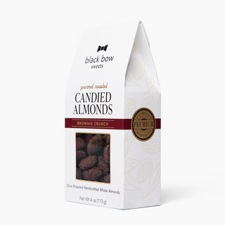 Box of Black Bow Sweets candied almonds brownie crunch flavor on a white background