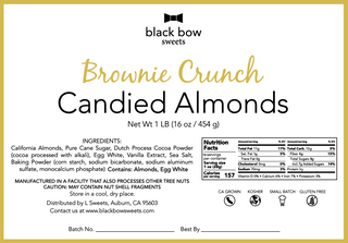 Label with nutrition information for Black Bow Sweets brownie crunch candied almonds.