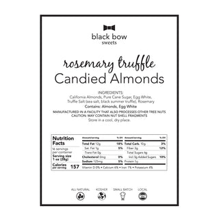 A black and white label showing nutrition information for Black Bow Sweets rosemary truffle candied almonds