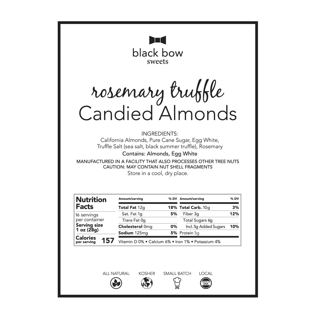 A black and white label showing nutrition information for Black Bow Sweets rosemary truffle candied almonds