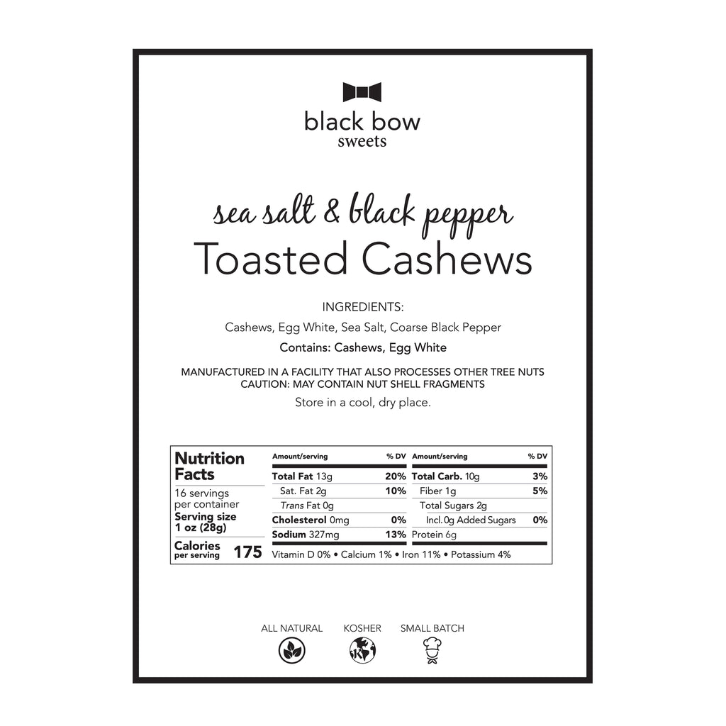 A label showing nutrition information for Black Bow Sweets sea salt and black pepper toasted cashews