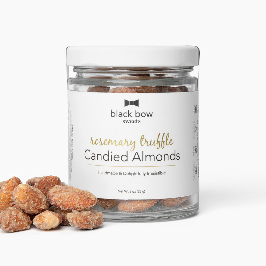 A jar of Black Bow Sweets rosemary truffle candied almonds