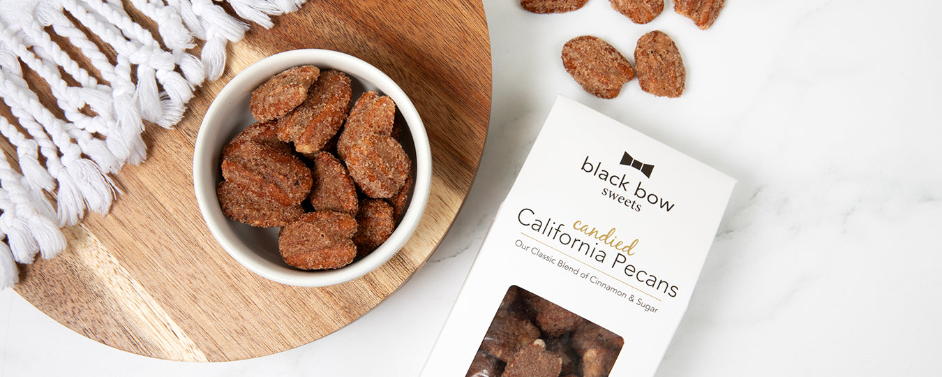 Black Bow Sweets candied California cinnamon and sugar coated pecans