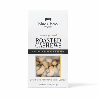 A 4 oz package of Black Bow Sweets Savory Gourmet Roasted Cashews (Sea Salt & Black Pepper flavor) on a clean white background.