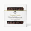 Square box of Black Bow Sweets brownie crunch candied almonds with gold foil border label.