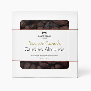 Square box of Black Bow Sweets brownie crunch candied almonds with red foil border label.