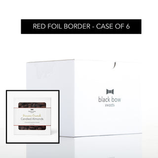 Case of 6 square boxes of Black Bow Sweets brownie crunch candied almonds with red foil border label.