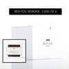Case of 6 square boxes of Black Bow Sweets brownie crunch candied almonds with red foil border label.