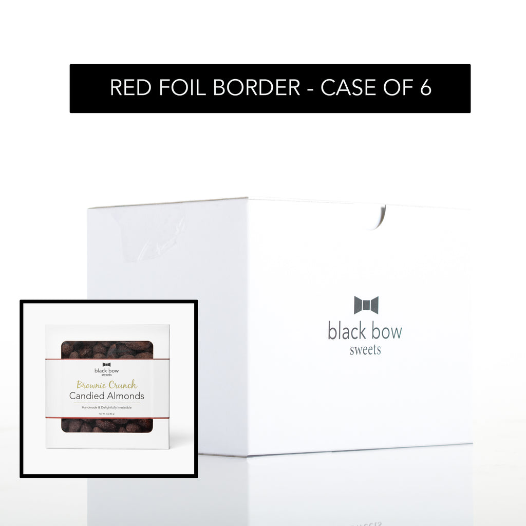 Case of 6 square boxes of Black Bow Sweets brownie crunch candied almonds with red foil border label.