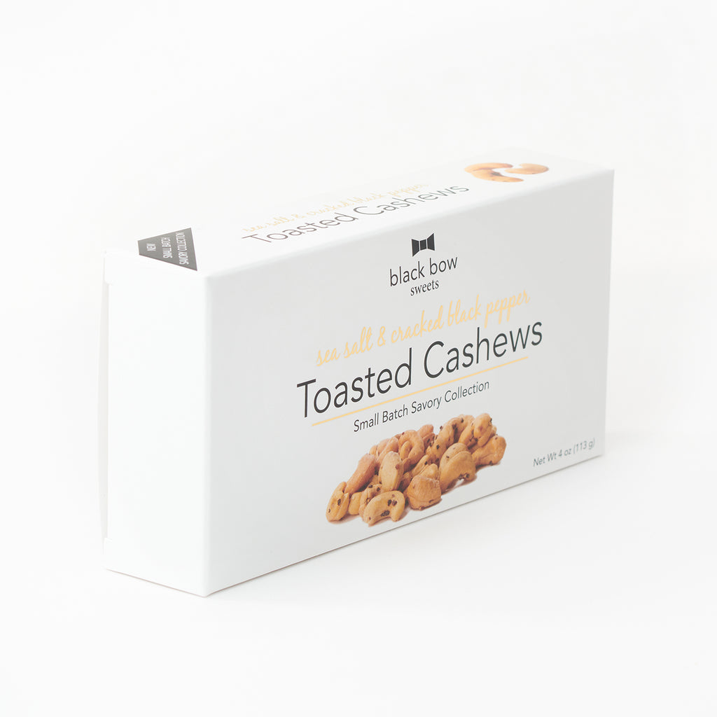 A box of Black Bow Sweets sea salt and cracked black pepper toasted cashews.