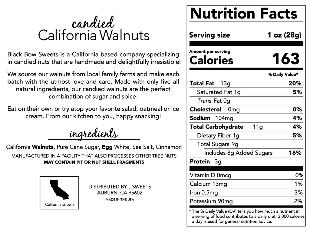 Label of Black Bow Sweets’ candied California cinnamon and sugar coated walnuts with ingredients and nutrition facts.