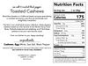 Label of Black Bow Sweets sea salt and cracked black pepper toasted cashews with ingredients and nutrition facts.