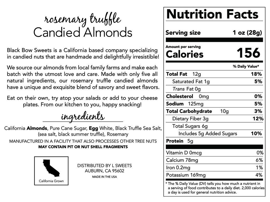 Label of Black Bow Sweets’ candied rosemary truffle coated almonds with ingredients and nutrition facts.