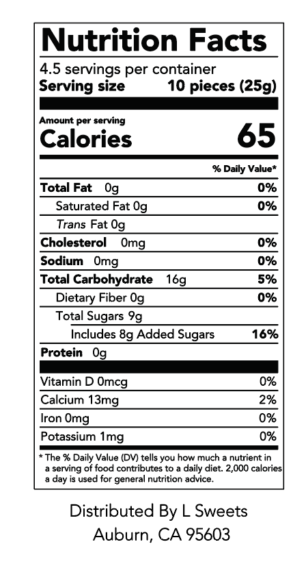 Label of Black Bow Sweets sparkling rosé gummy bears with nutrition facts.