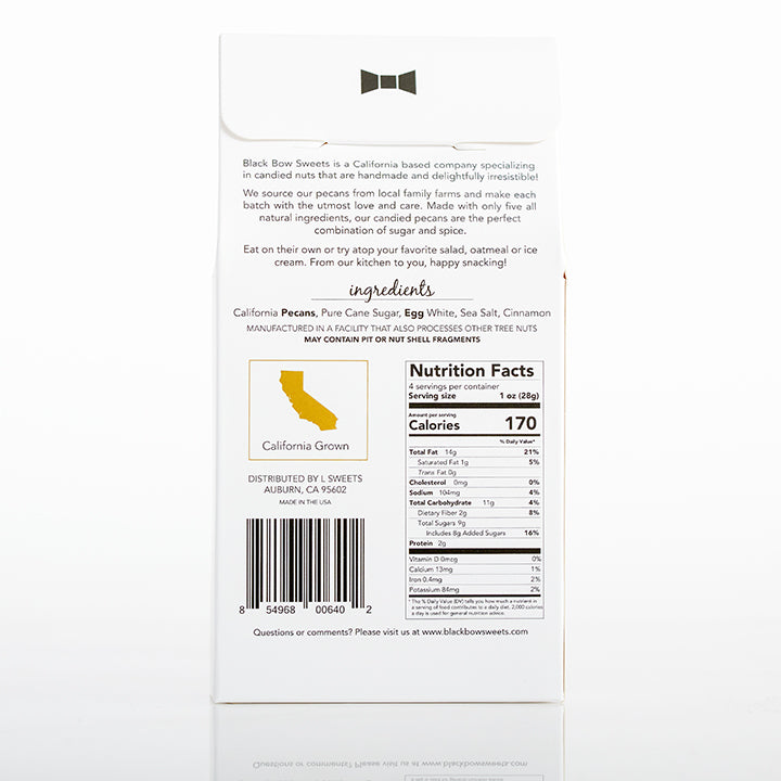 Label of Black Bow Sweets’ candied California cinnamon and sugar coated pecans with ingredients and nutrition facts.