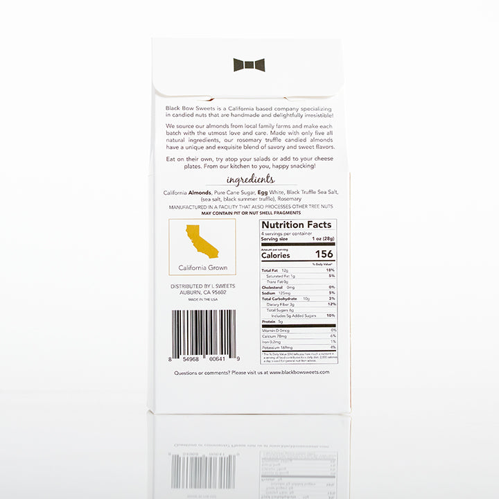 Label of Black Bow Sweets’ candied rosemary truffle coated almonds with ingredients and nutrition facts.