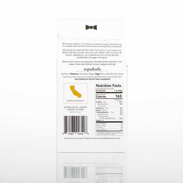 A box of Black Bow Sweets candied California cinnamon and sugar coated walnuts with ingredients and nutrition facts.